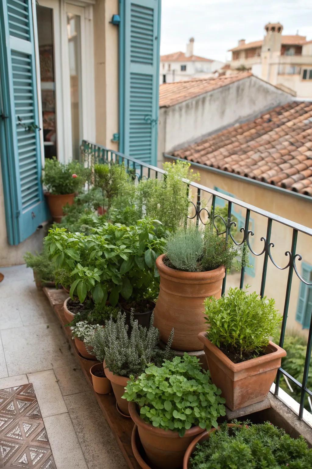 A lush herb garden brings practicality and delightful scents to this balcony.