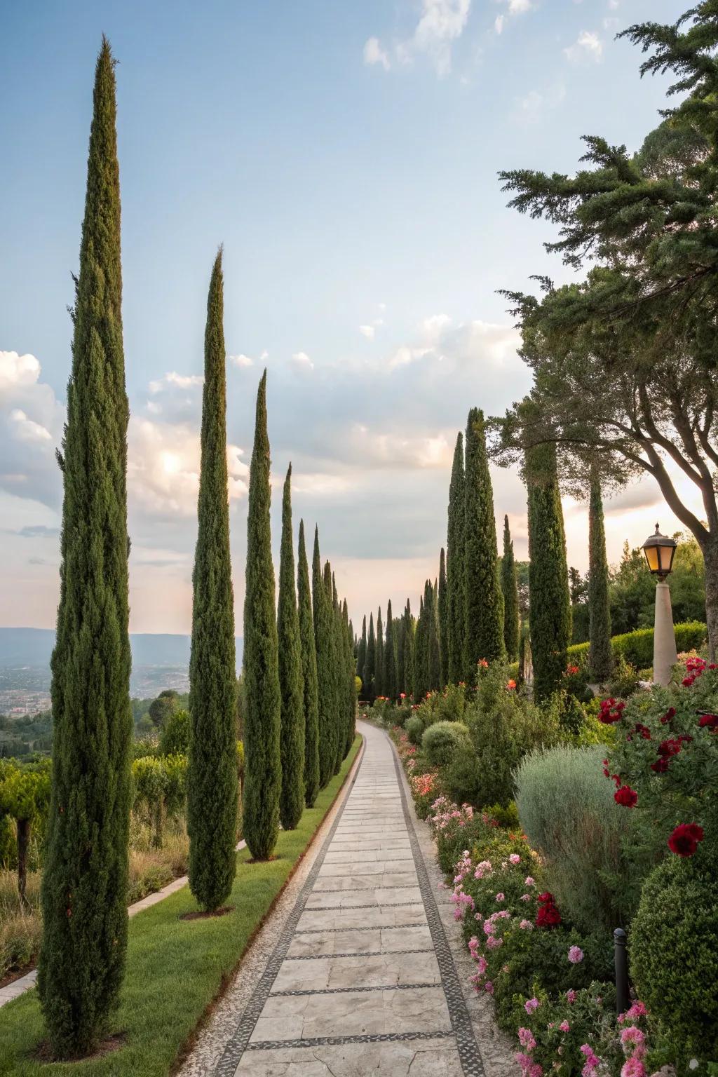 Italian cypress trees offer a dramatic vertical element.