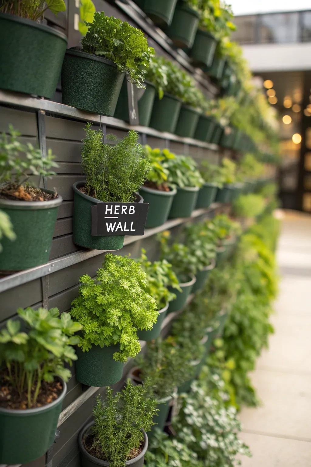 A vertical herb wall combines beauty with utility.