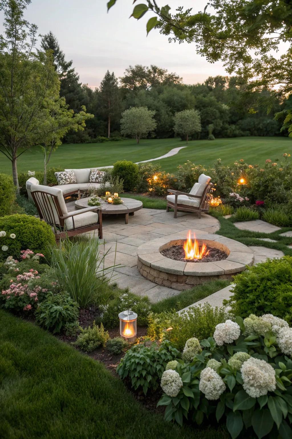 A fire pit creates warmth and a gathering focal point.