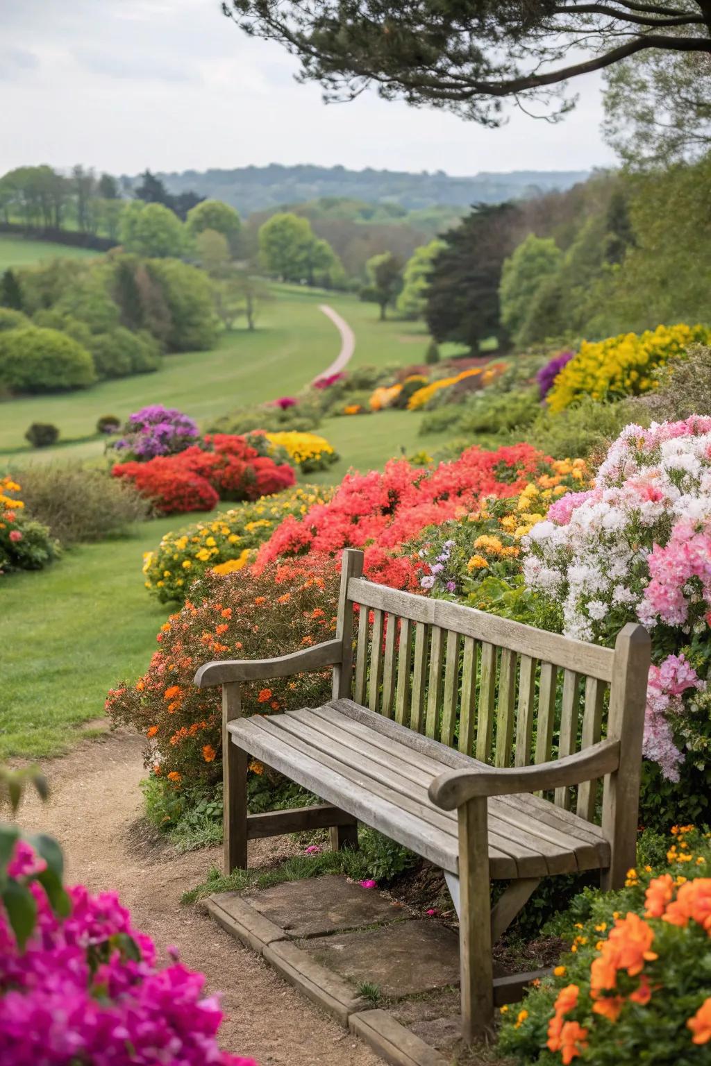 Seasonal plantings bring vibrant life to a memorial bench.