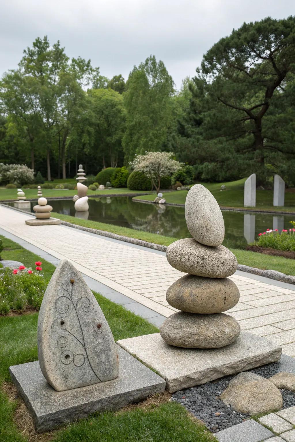 Natural rock sculptures add an artistic dimension to the garden.