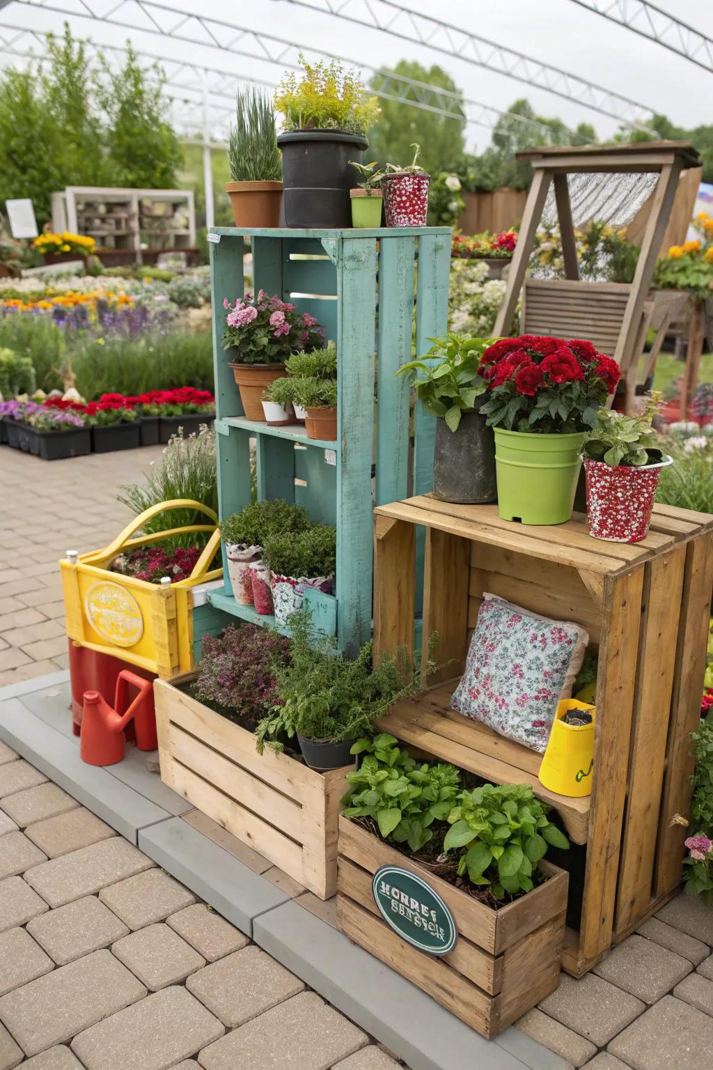 A charming garden display using upcycled materials.