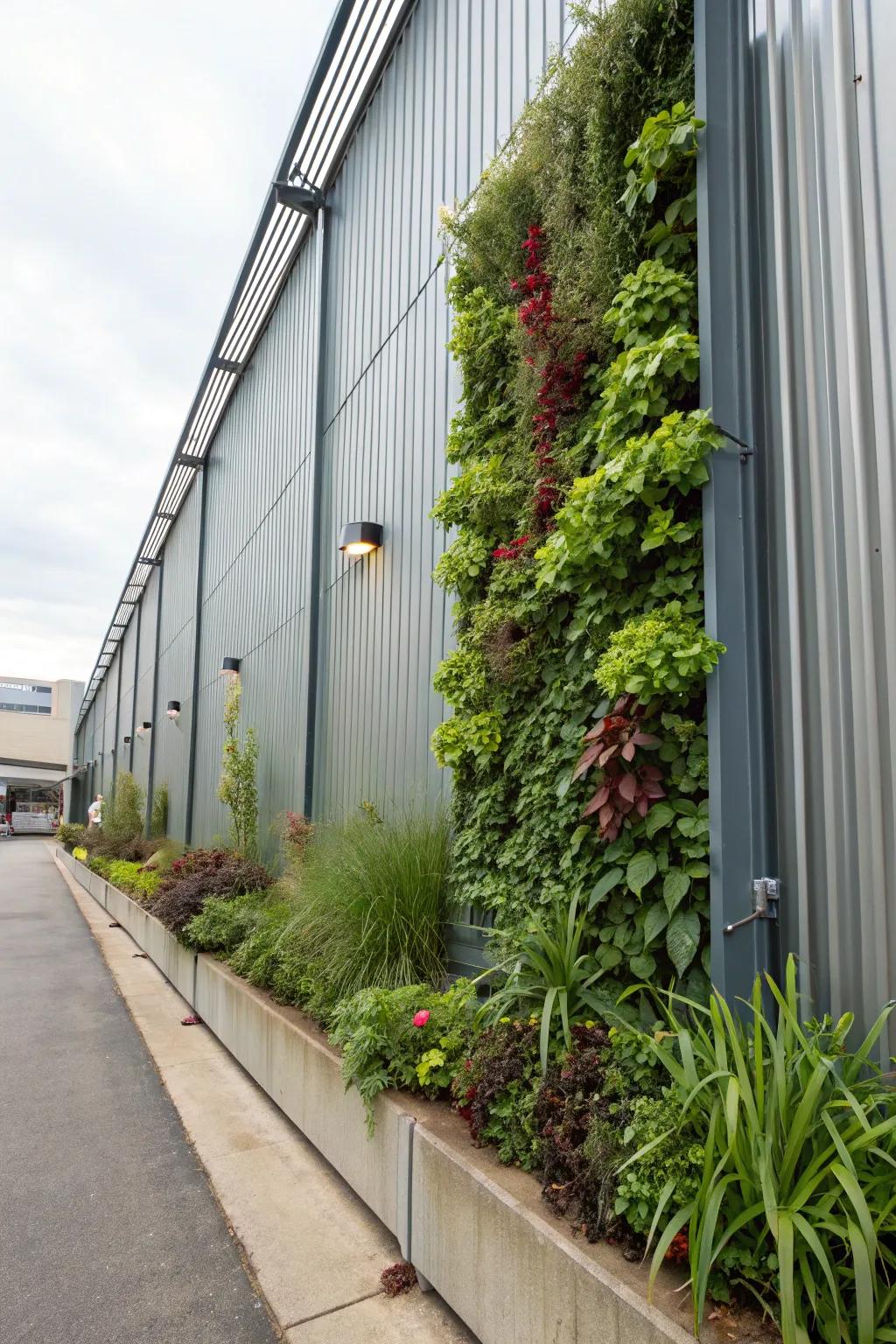A living wall on a metal shed, showcasing a vertical garden.