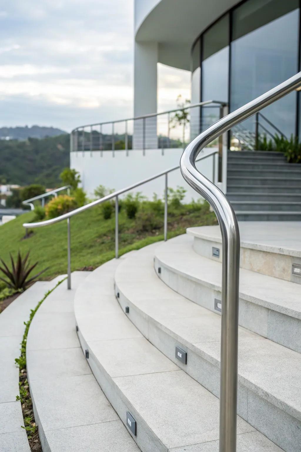 Curved handrails introduce a sense of movement and modernity.