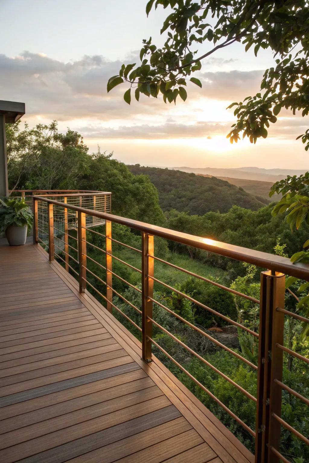 Warm and elegant bronze-finished railings on a deck.