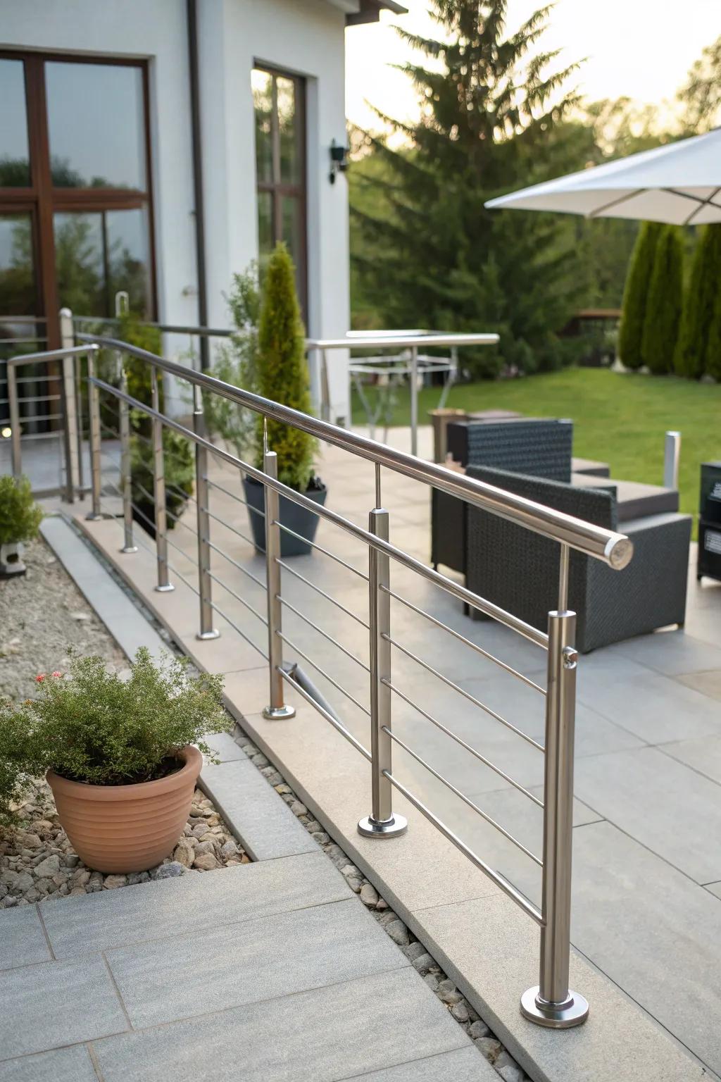 Sleek metal railings offering safety and style on this contemporary patio.