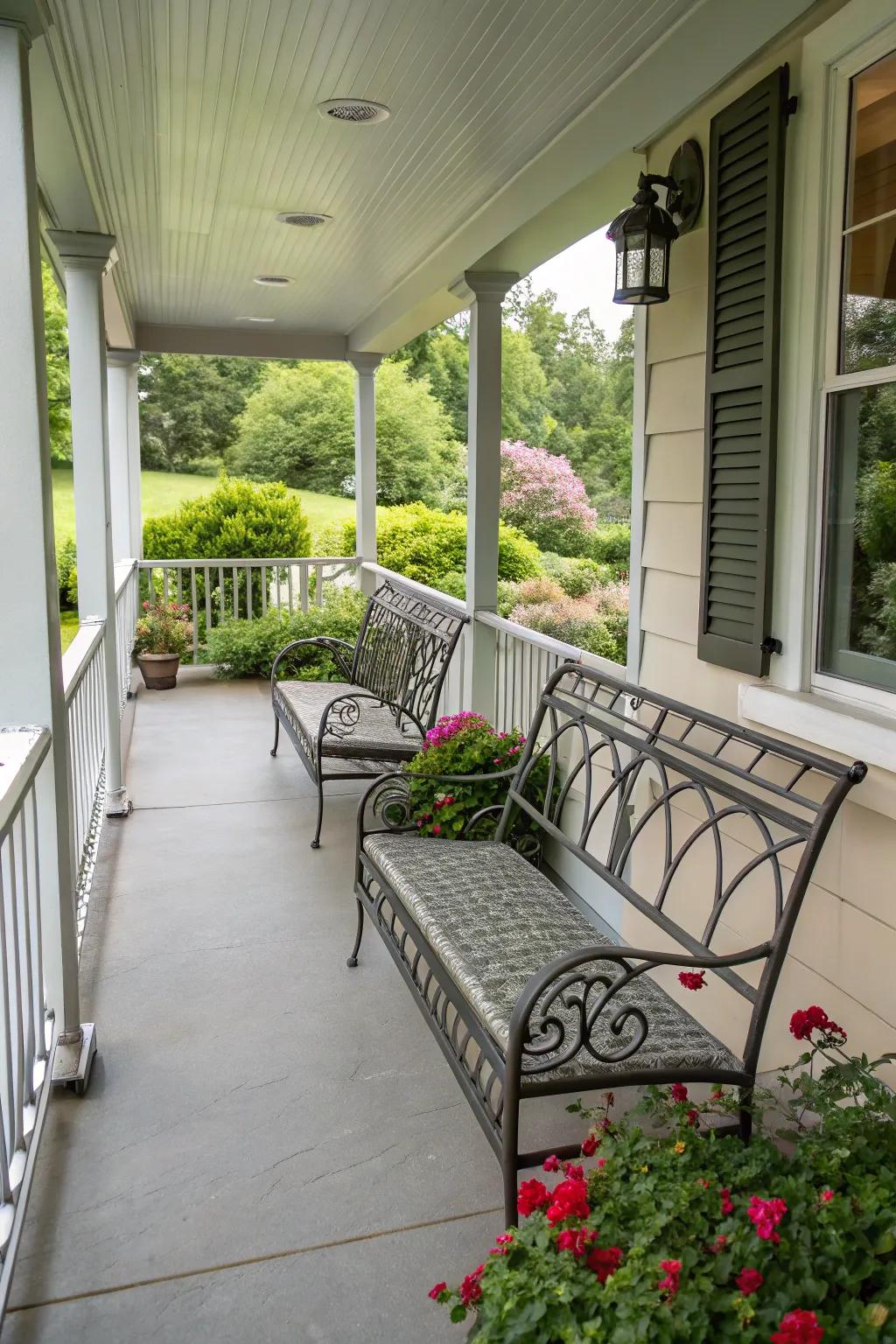 A metal porch with practical built-in seating.