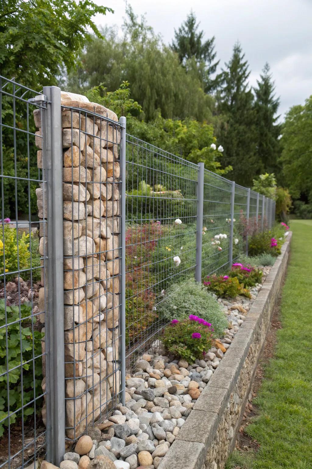 Textured garden with a gabion fence featuring stone-filled wire baskets and metal posts.
