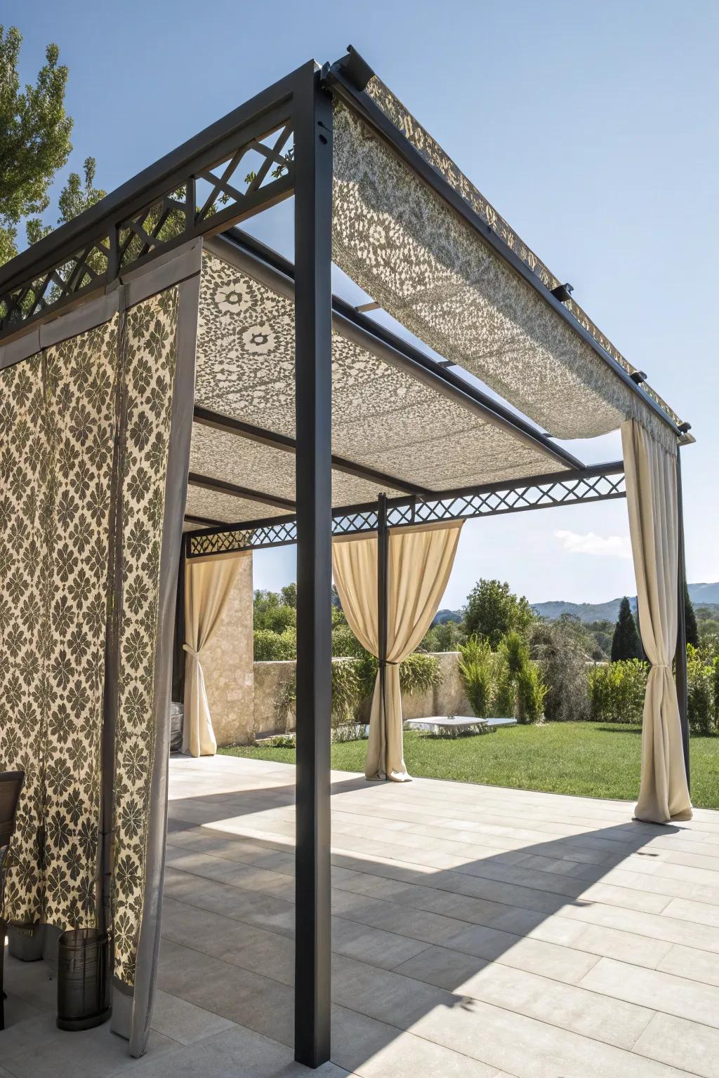Mixed materials create a textured and inviting awning.