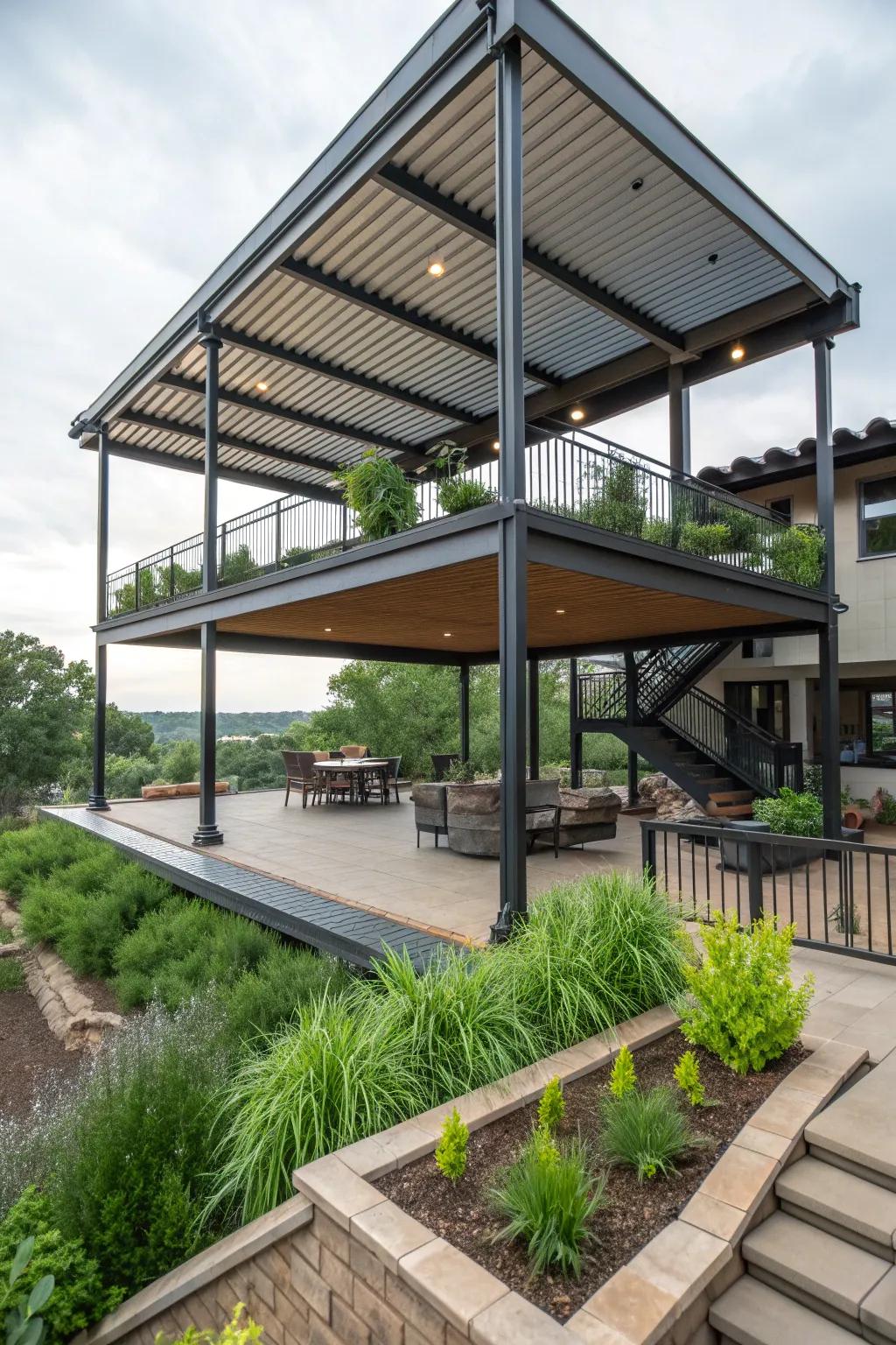 A dynamic multi-level patio with metal roof covers.
