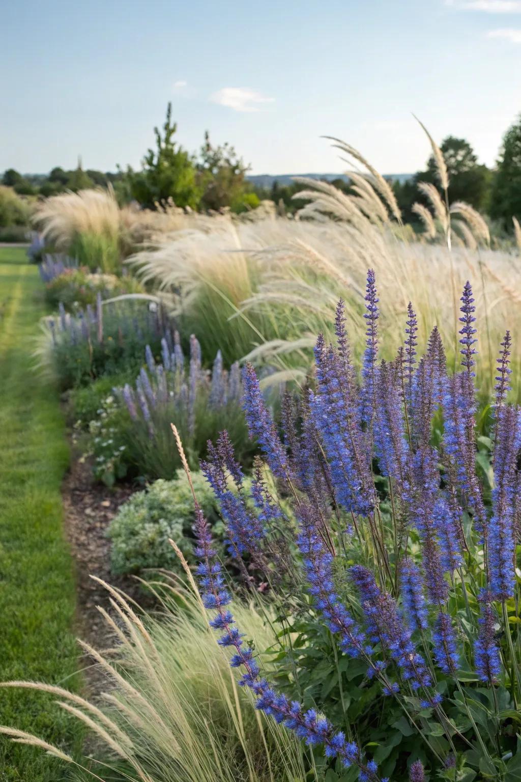 Salvia adds a splash of blue to Mexican feather grass.