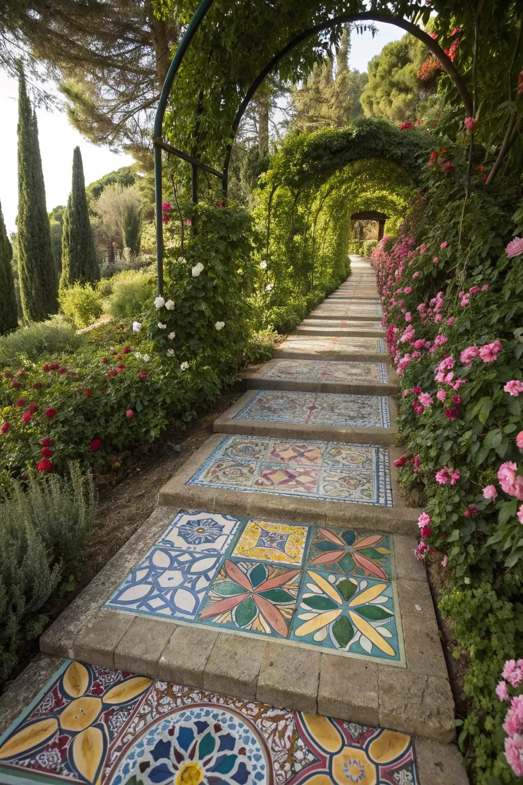 A vibrant garden pathway adorned with colorful mosaic tiles.