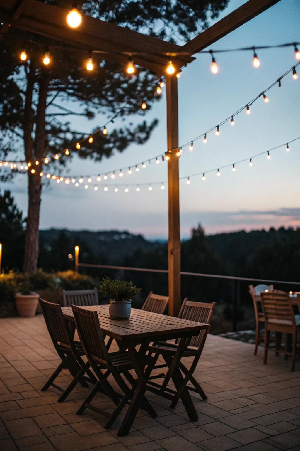 String lights add a magical touch to the patio ambiance.