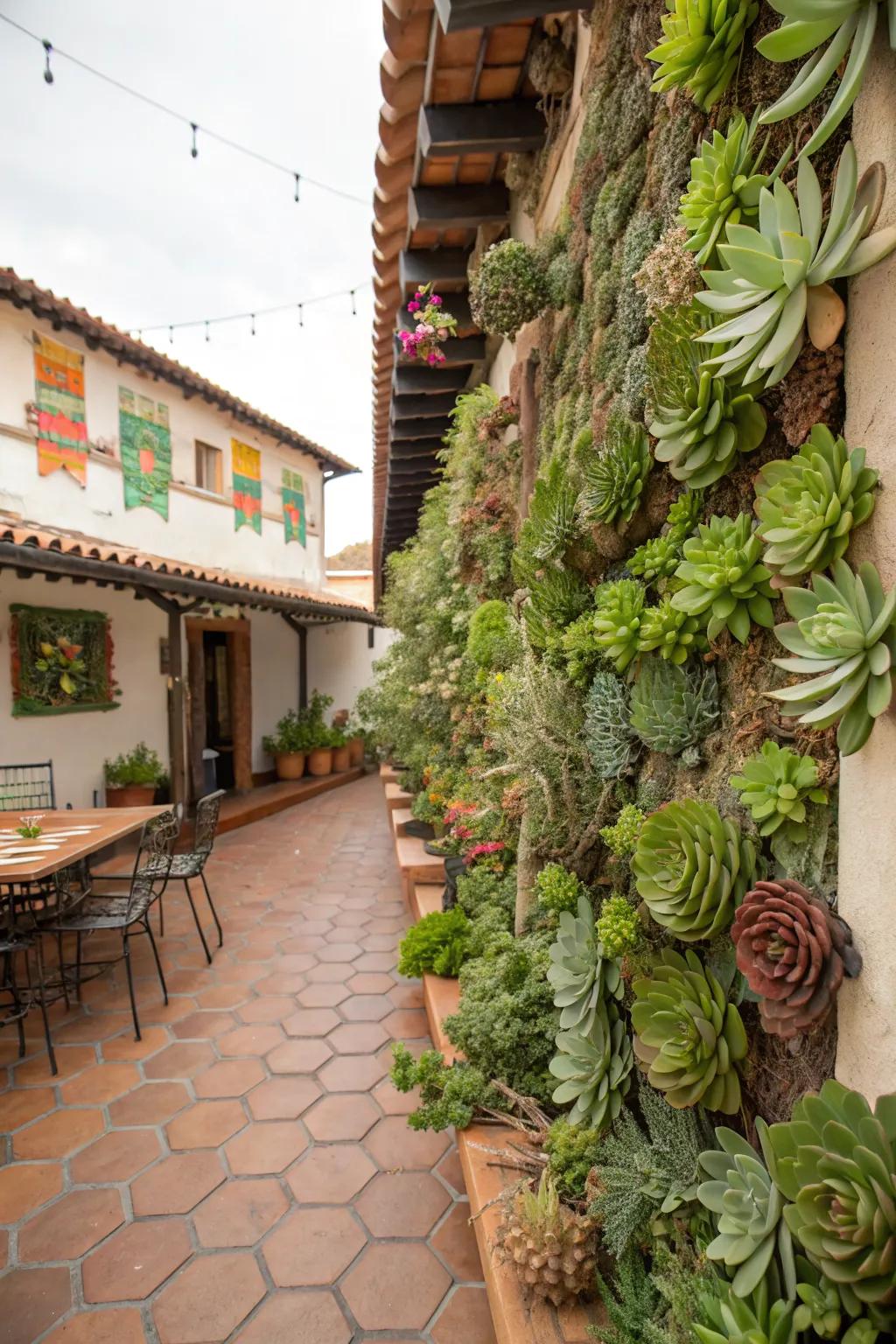 A wall covered with various succulents on a Mexican patio, adding life and texture.