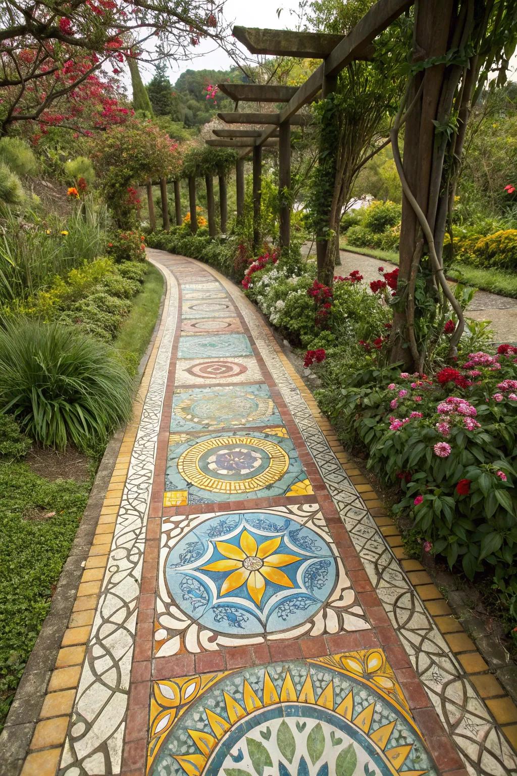 Mosaic tiles bring vibrant color and artistry to garden pathways.
