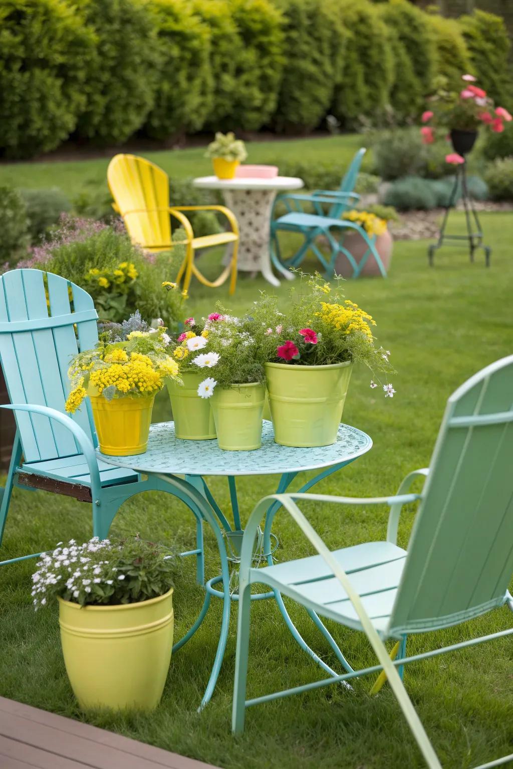 Retro color accents add vibrancy and nostalgia to your garden space.