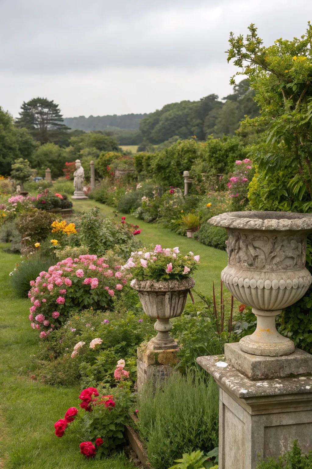 Vintage decor pieces add unique character to this modern garden.