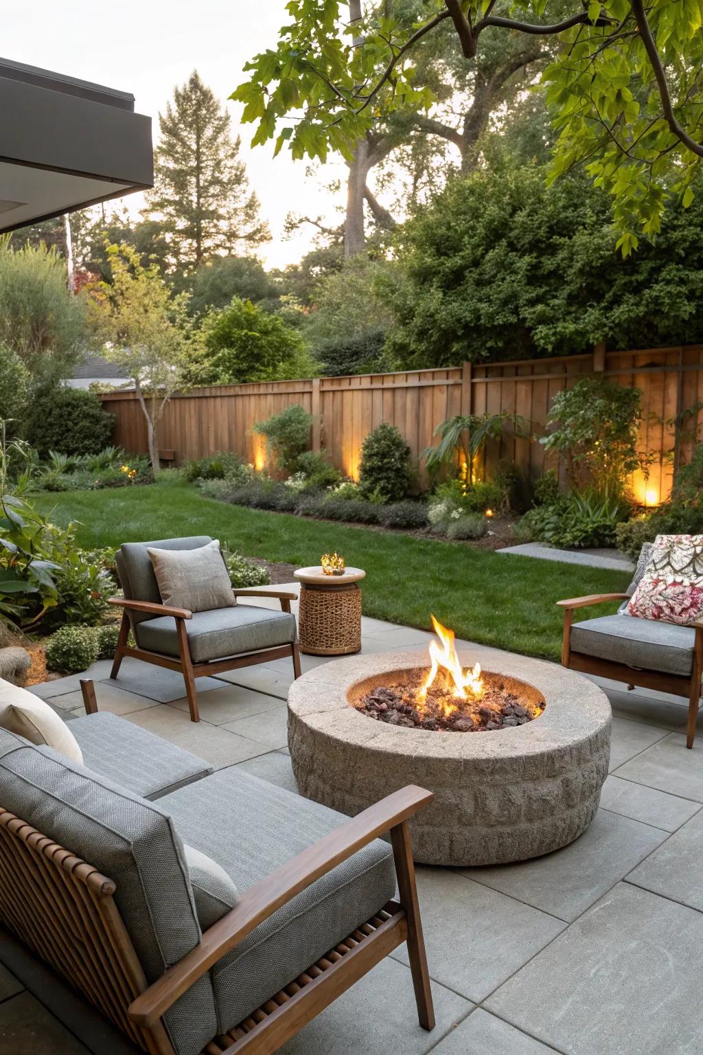 A retro fire pit creates a cozy gathering spot on this patio.