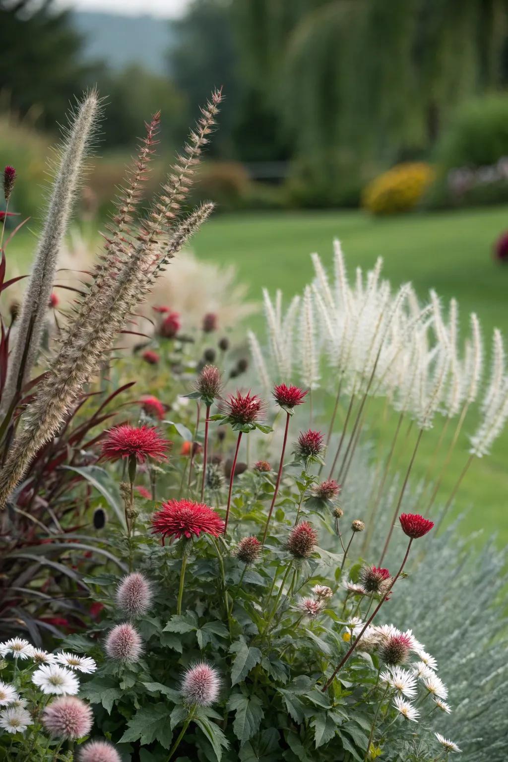 Contrasting textures add intrigue to flower beds.