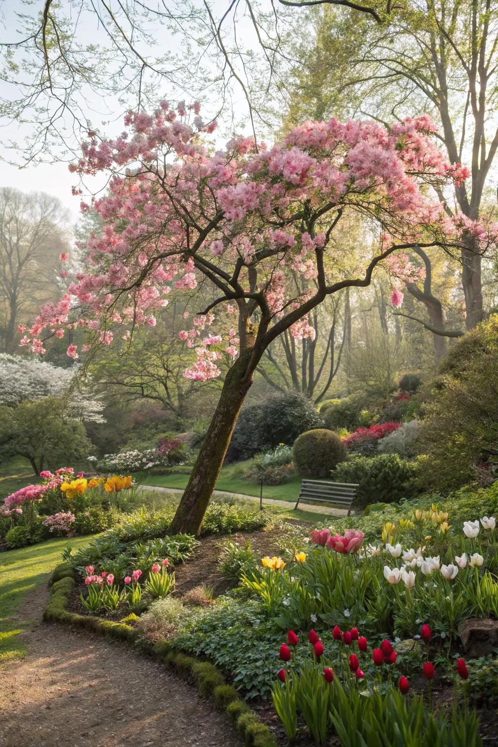 A flowering tree offers seasonal beauty and shade.