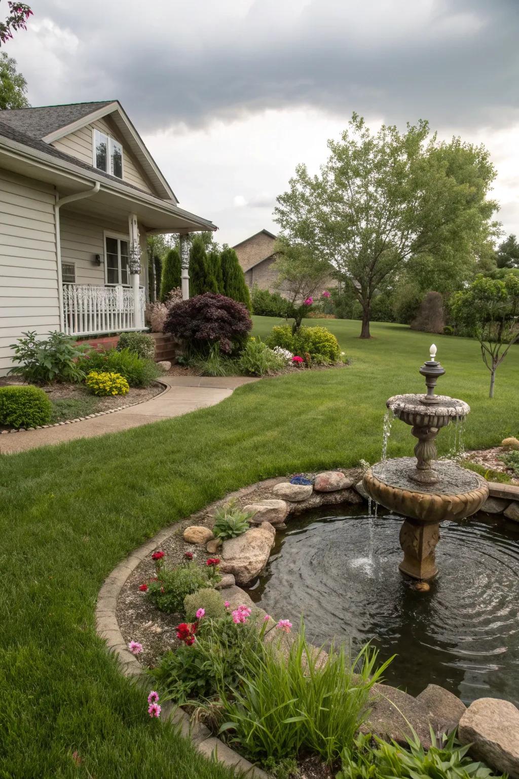 A water feature adds tranquility and charm to this Midwest front yard.