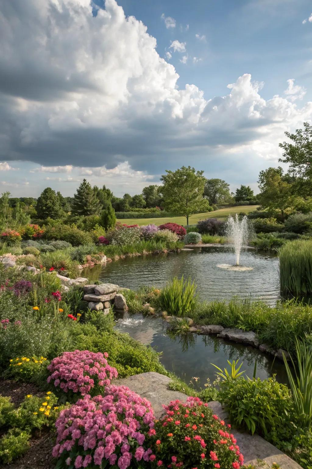 A calming water feature enhances garden tranquility.