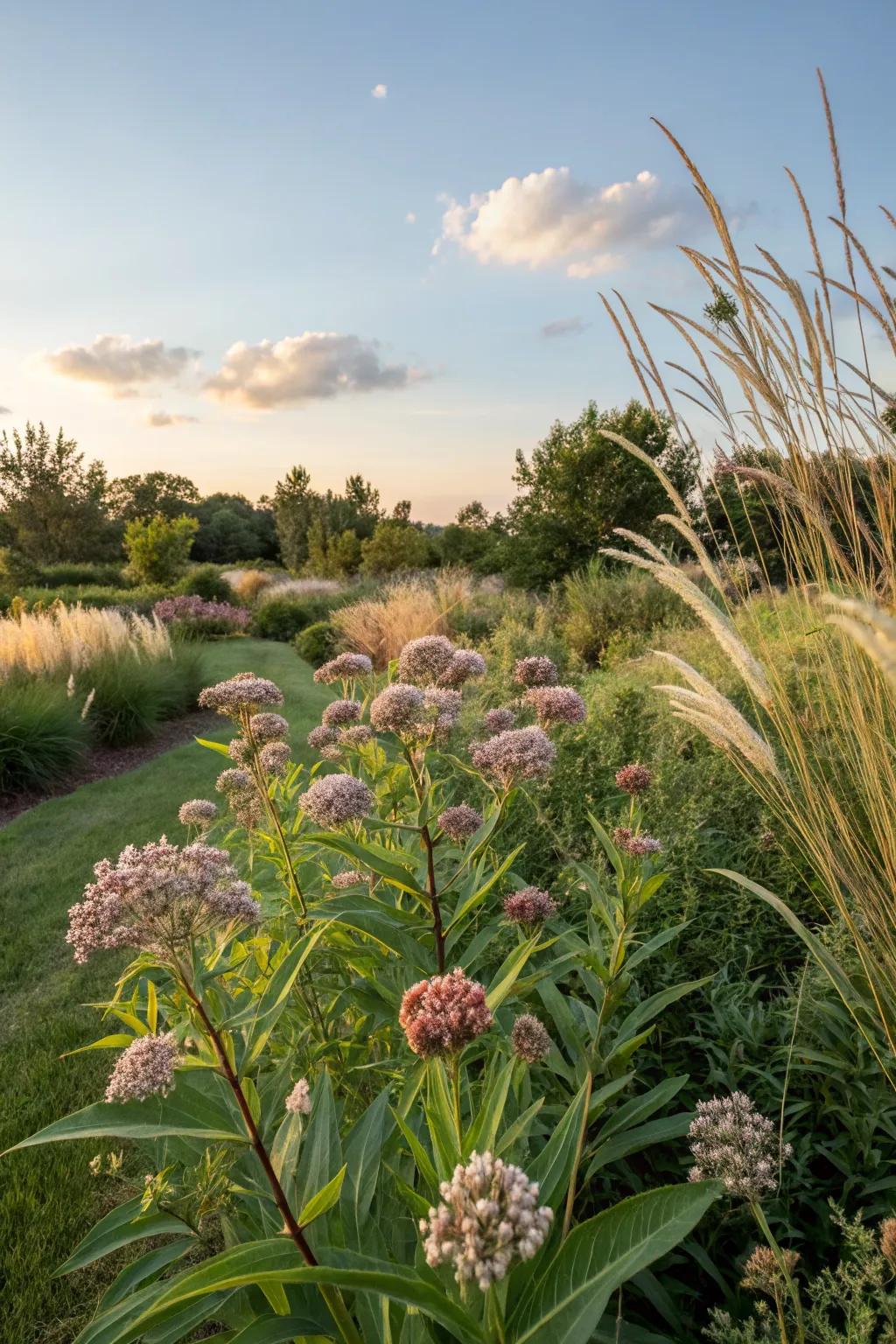 A harmonious blend of milkweed and ornamental grasses.
