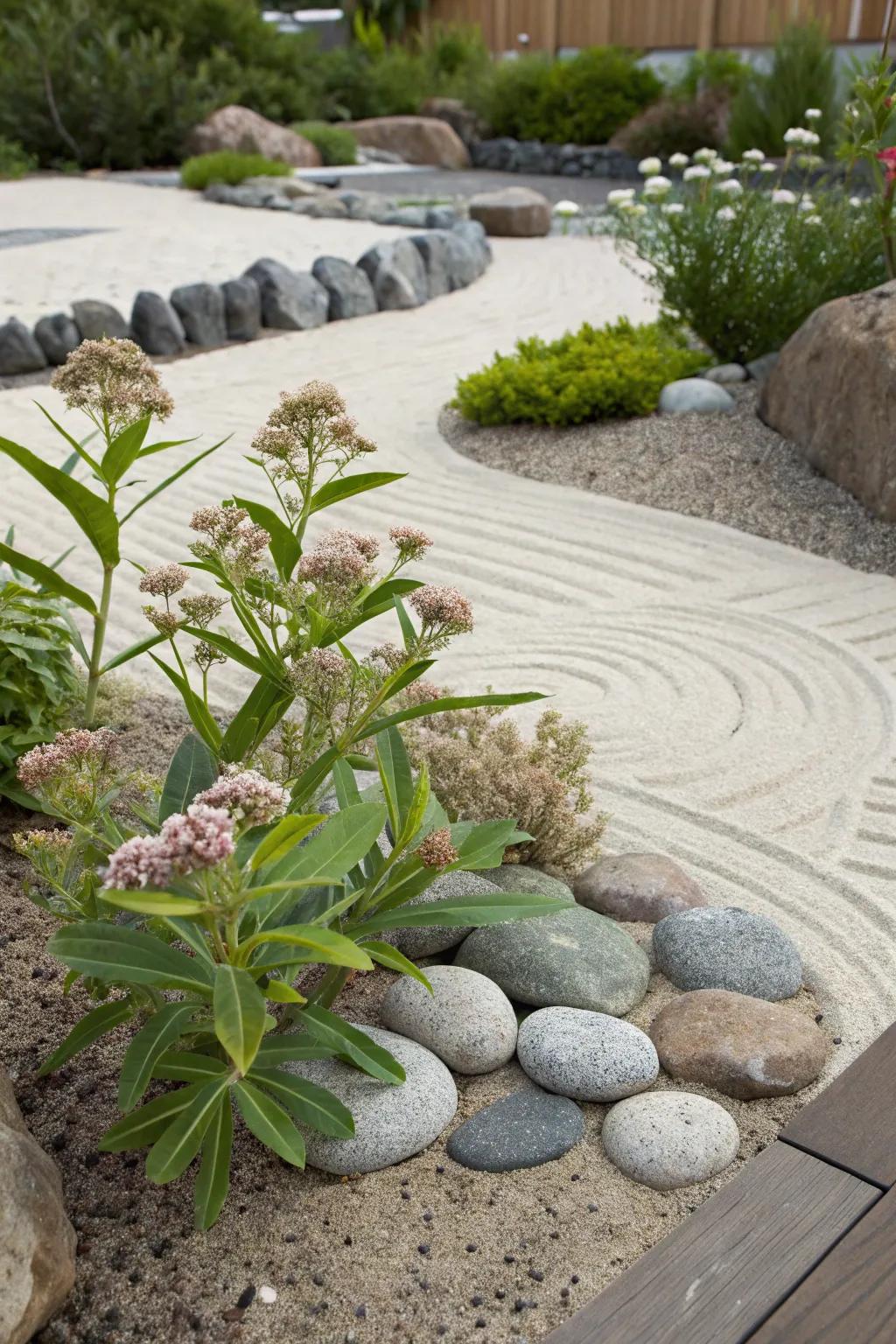 Zen garden elements with milkweed bring peace and movement.