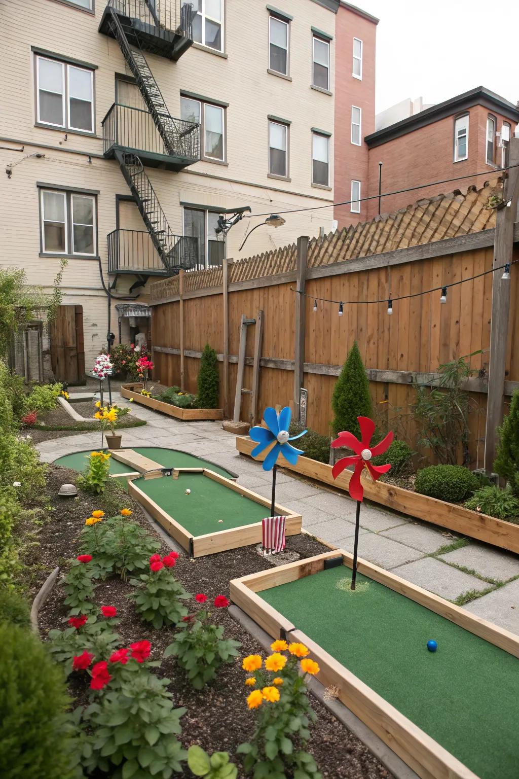 A cleverly designed compact mini golf course that fits perfectly into a small backyard.