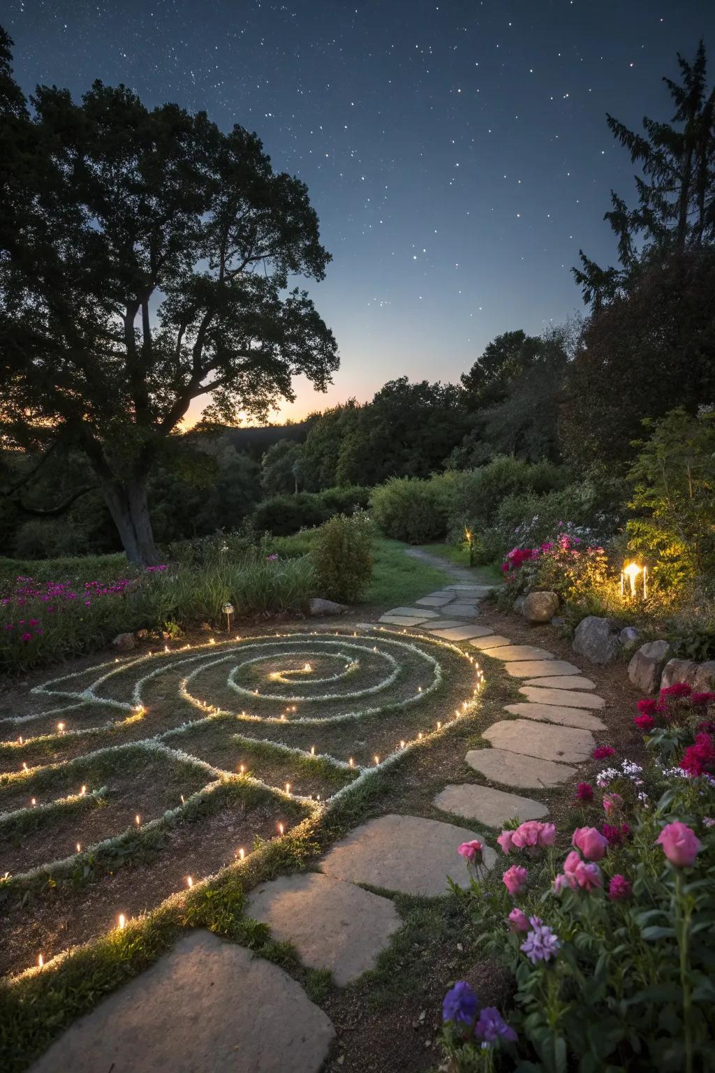Glow-in-the-dark paths add a mystical element to this nighttime labyrinth.