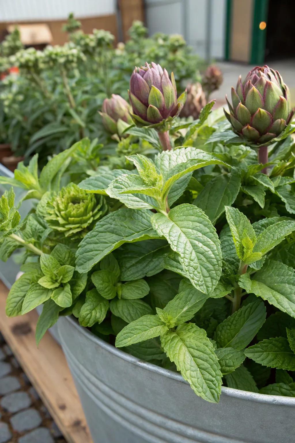 A beautiful container garden with mint and artichoke.