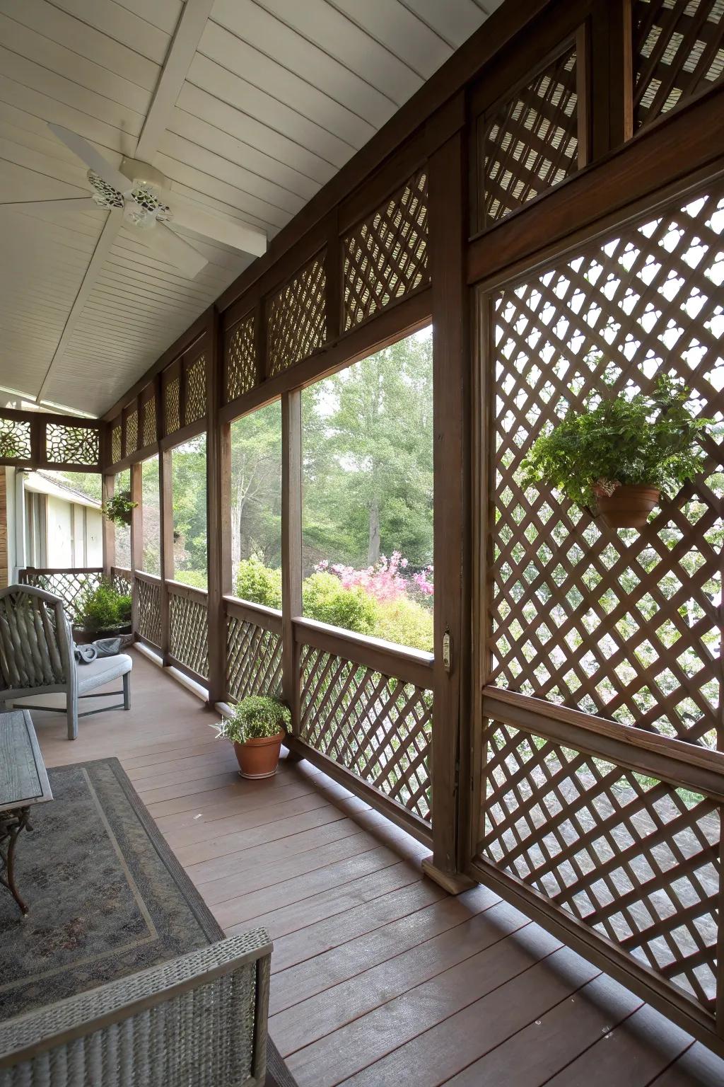 Unique lattice design elements enhancing the porch's aesthetic.