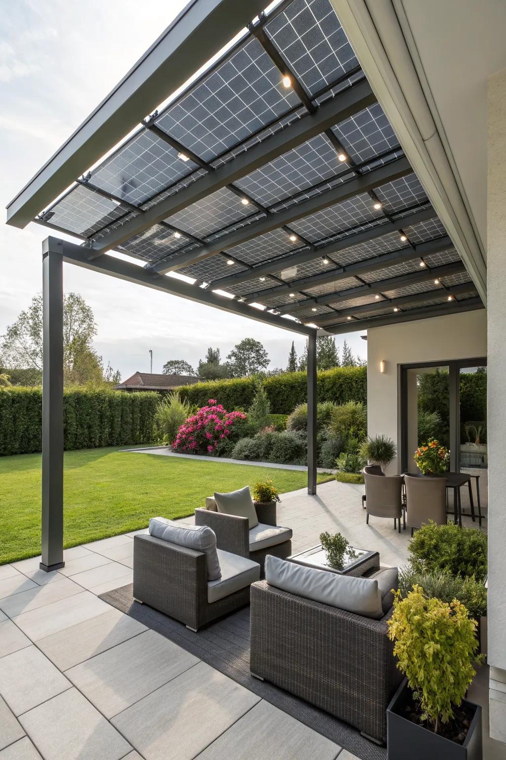 Solar-powered awnings offer sustainable shade and energy benefits.
