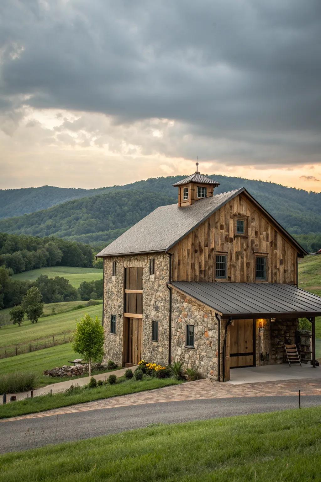Natural stone accents add texture and sophistication to the barn house exterior.