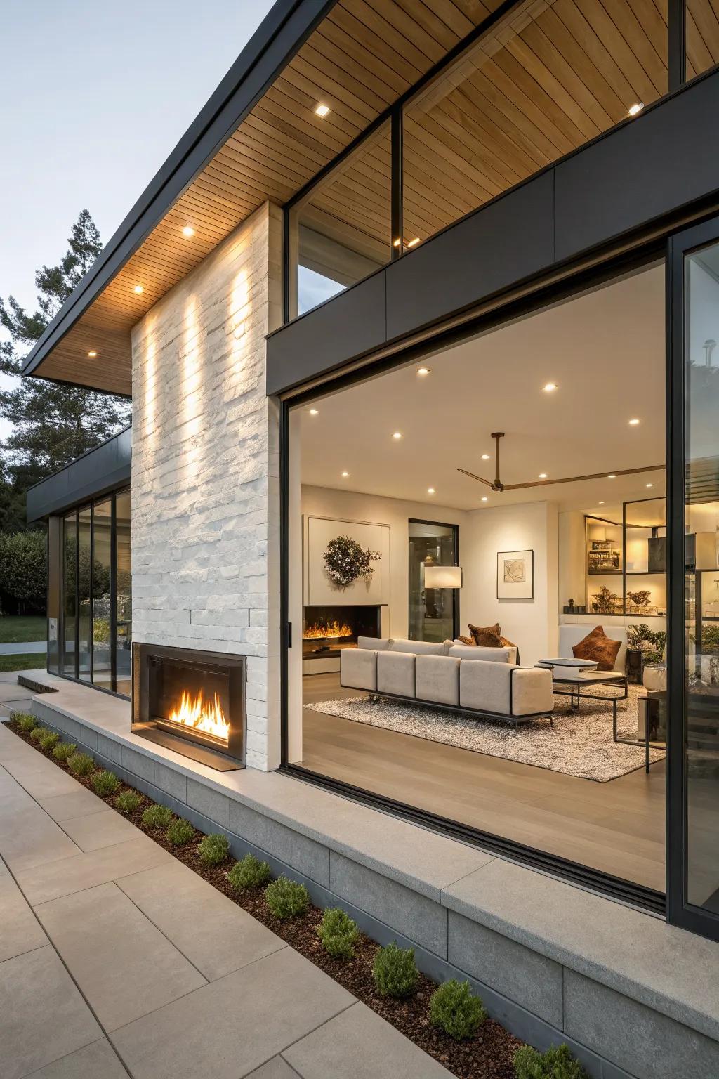 See-through fireplace seamlessly connecting two modern spaces.