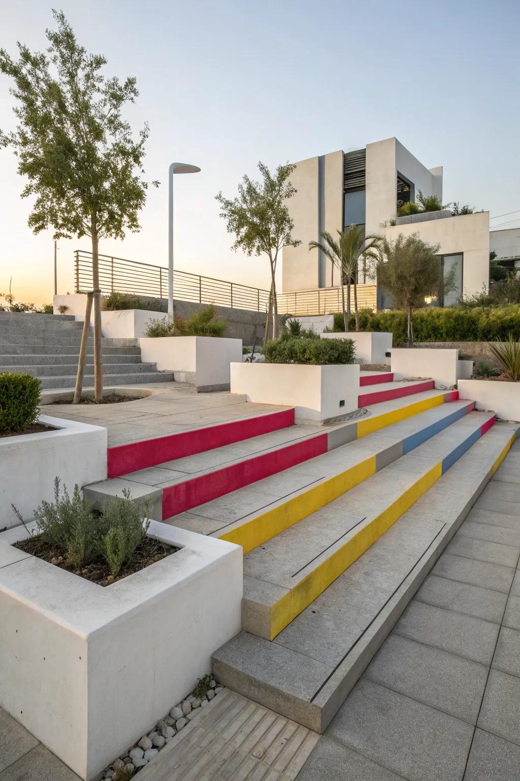 Concrete steps with vibrant color enhancements.
