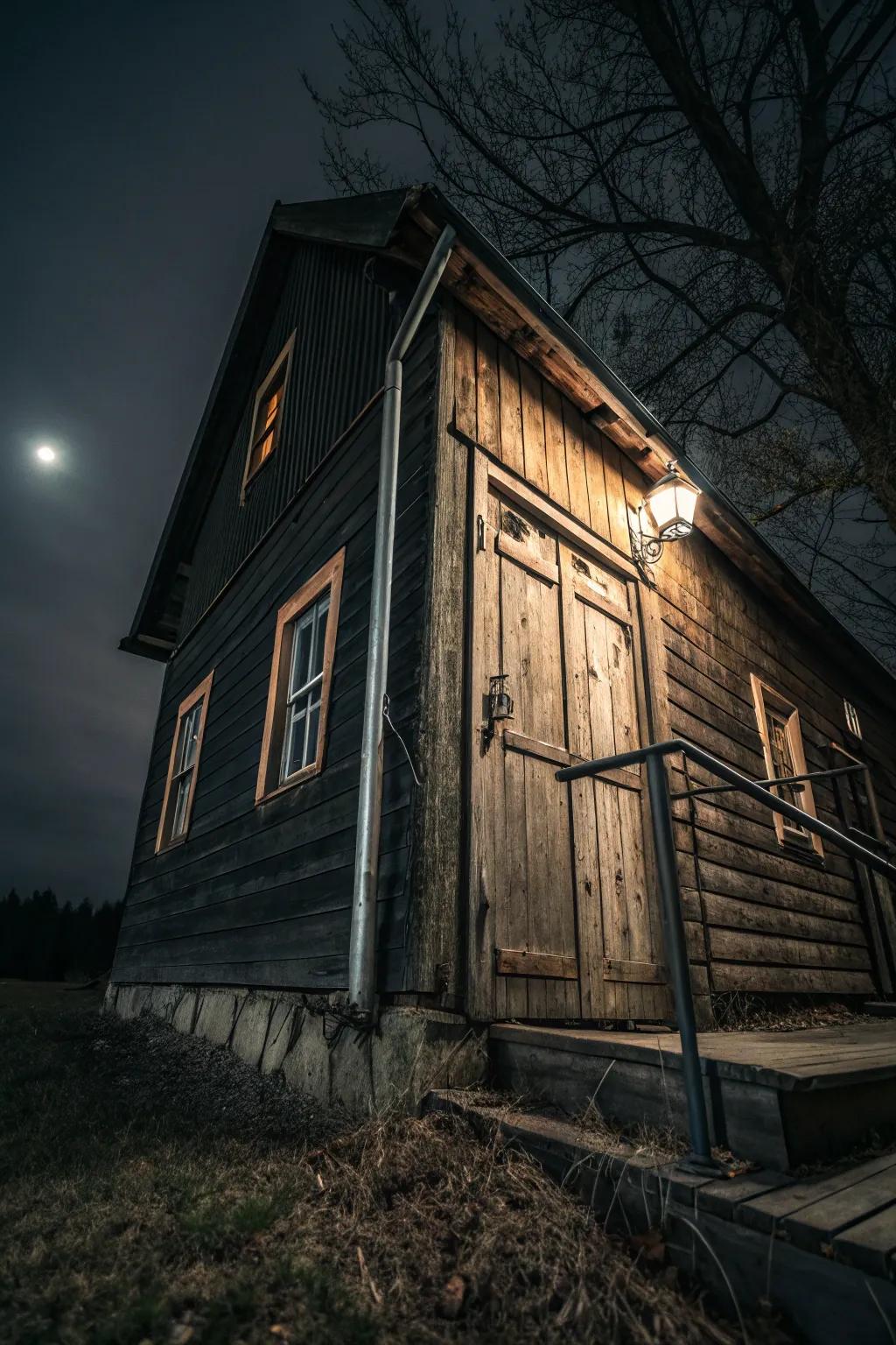 A modern dark house with rustic details for added character.