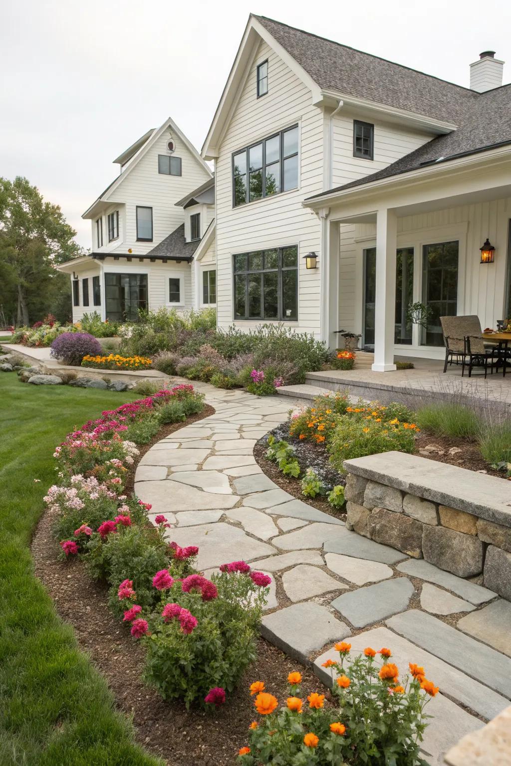 Natural stone borders give your flower beds a polished appearance.