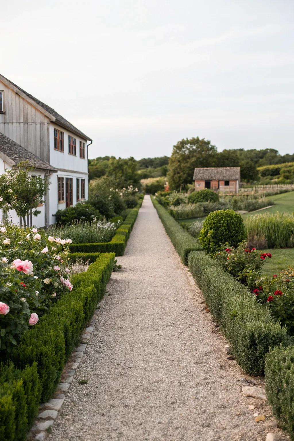 Gravel pathways add rustic charm and practical navigation.