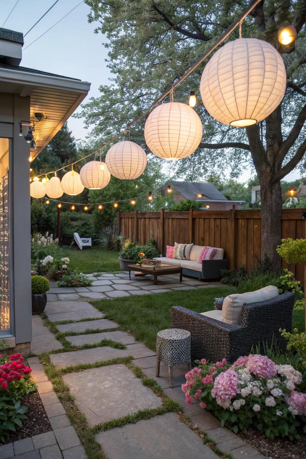 Hanging outdoor lanterns add a whimsical touch to this fairy-tale backyard.
