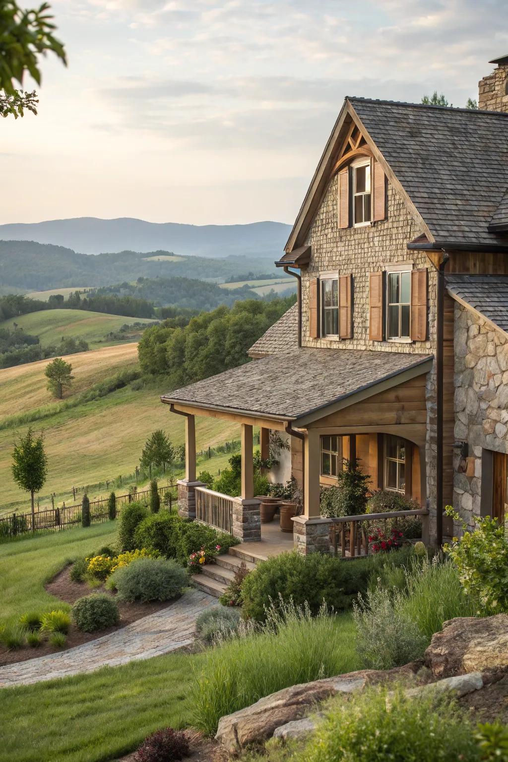 Charming rustic stone accents complementing wood siding.