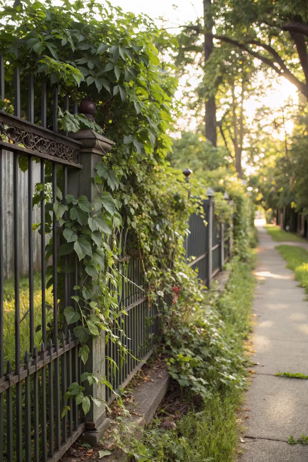 Create a living fence with climbing plants for natural beauty.