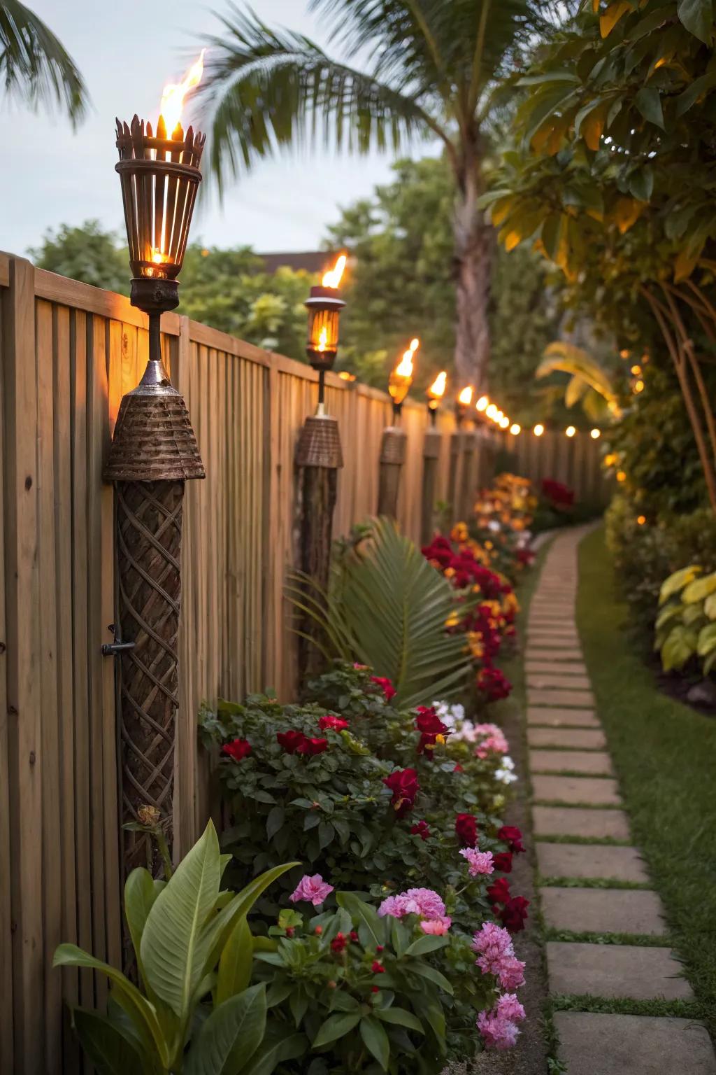 Solar flame torches add warmth and a tropical vibe to a garden setting.