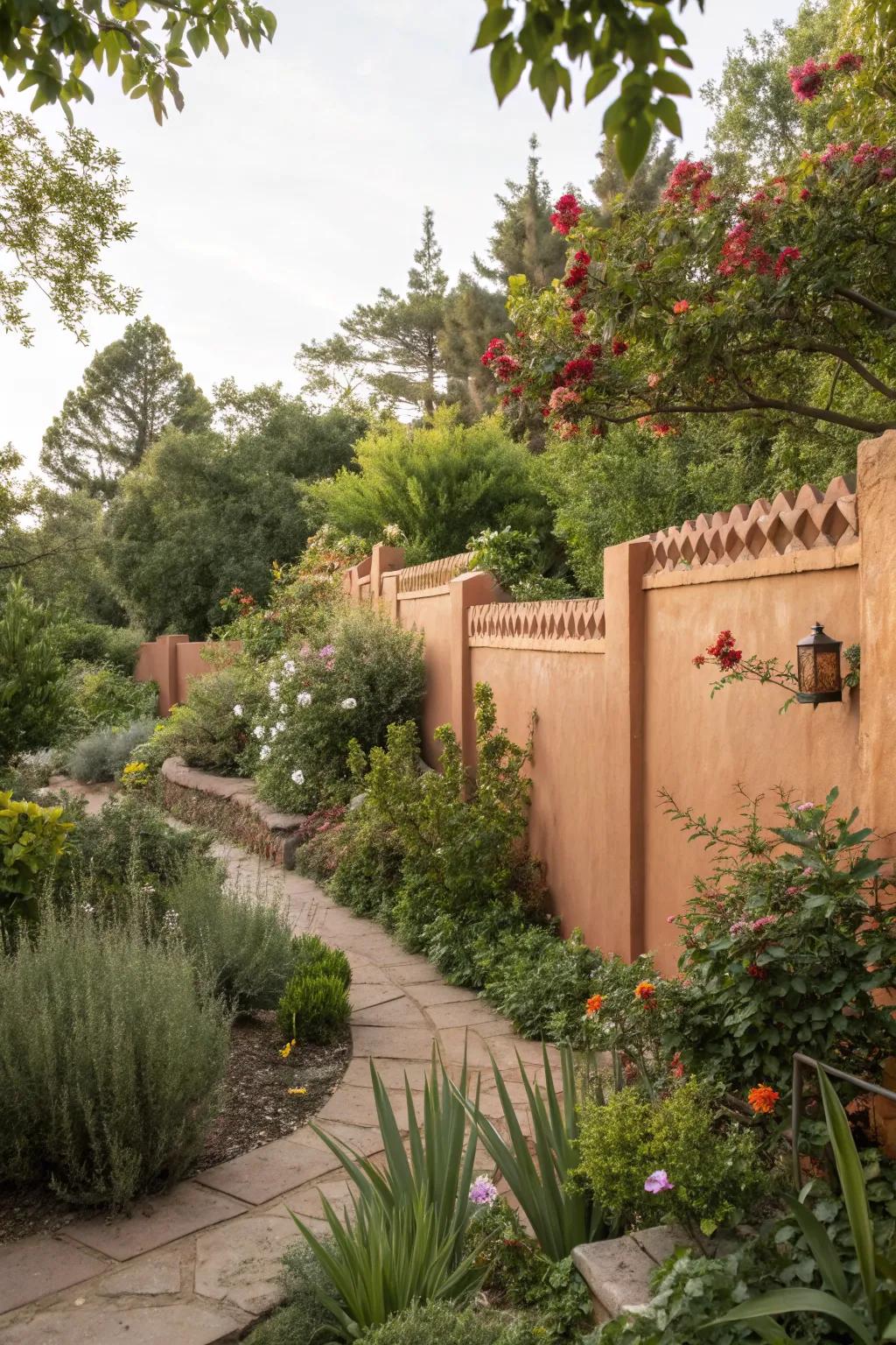 Terracotta fences ground gardens in warmth and natural elegance.