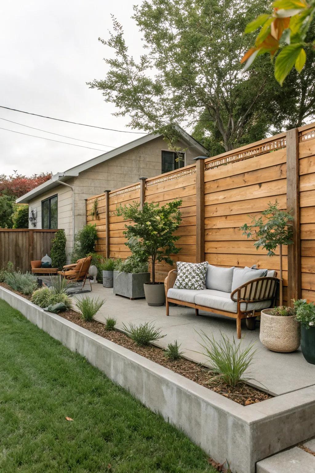 Reclaimed wood meets concrete in a modern, cozy fence design.