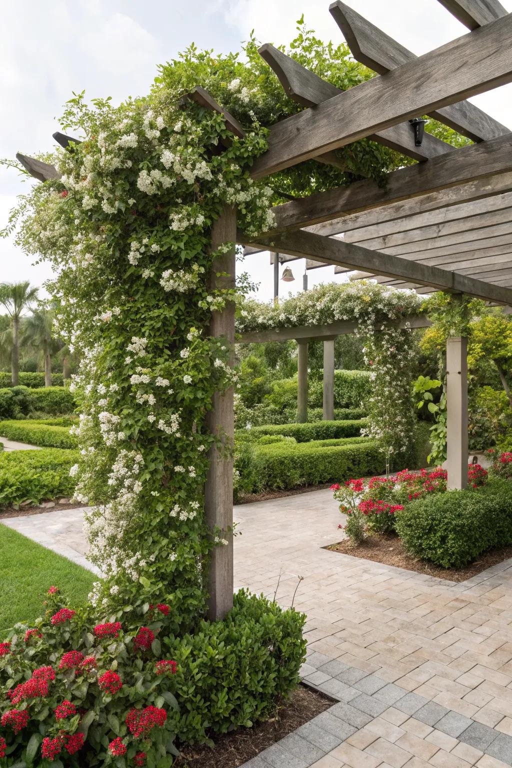 A pergola with jasmine vines adds romance.
