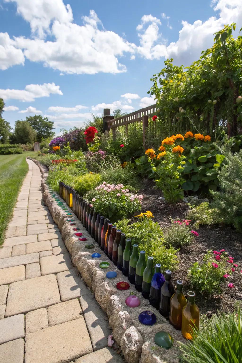 Upcycled wine bottles create unique and colorful garden edges.
