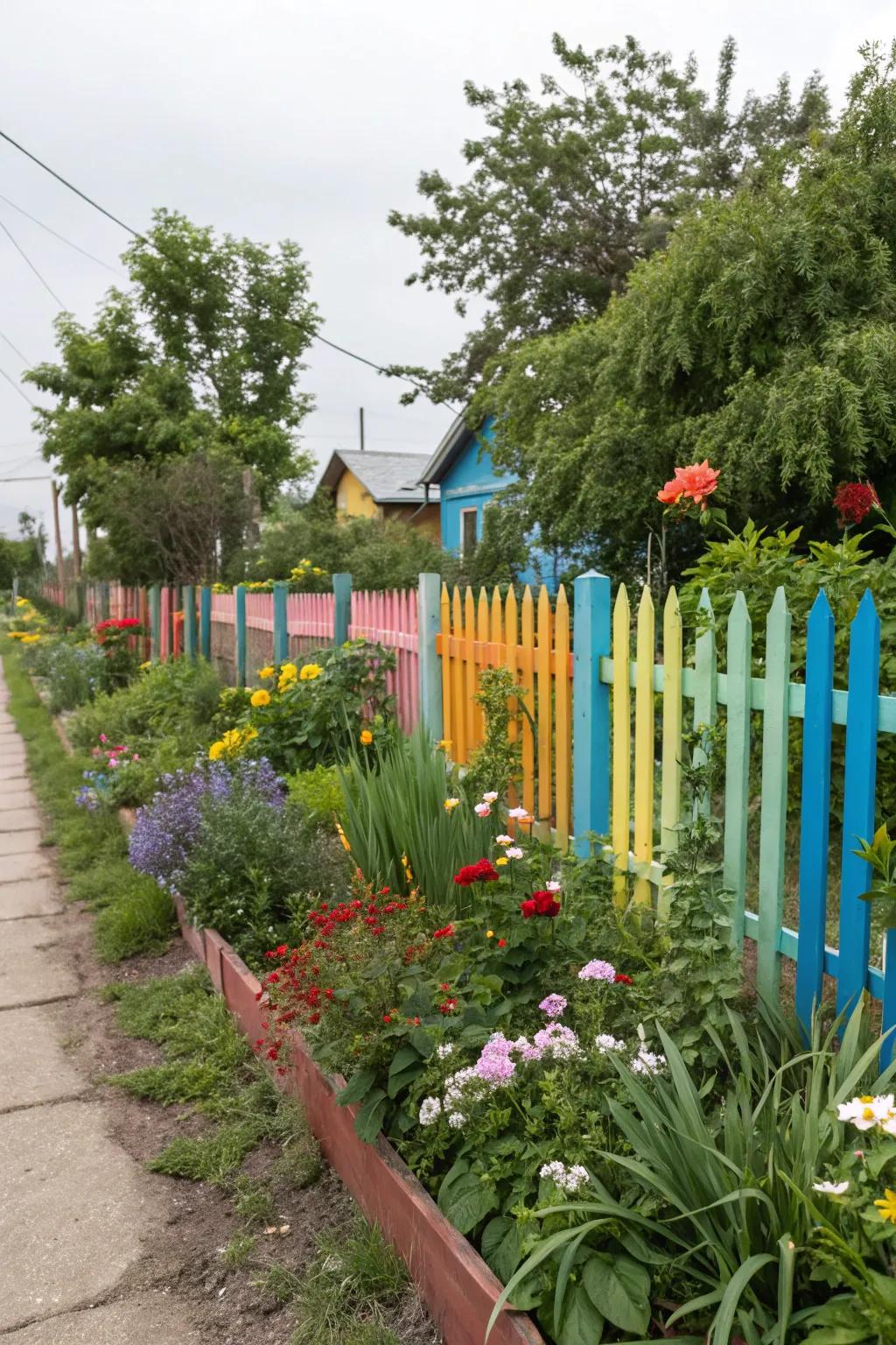 Boldly painted fence serves as a vibrant garden backdrop.