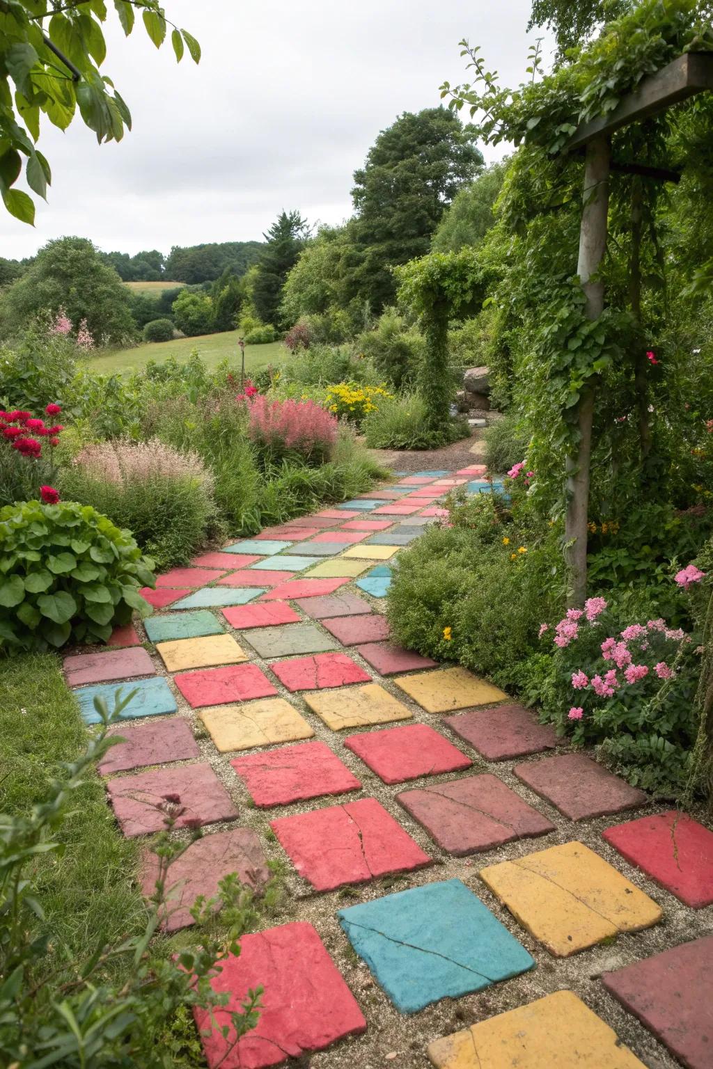 A garden with bold colored paving stones that make a striking statement.